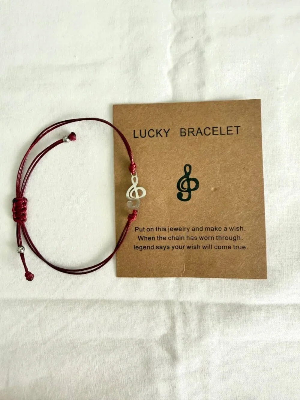 Music Wish Bracelet Stainless Steel Treble Clef Burgundy Red Woven Cord